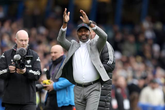 LEEDS, ENGLAND - MARCH 11: Former Leeds United player Lucas Radebe applauds the fans prior to the Premier League match between Leeds United and Brighton & Hove Albion at Elland Road on March 11, 2023 in Leeds, England. (Photo by George Wood/Getty Images)