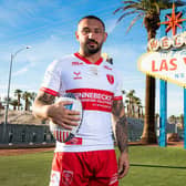 Hull KR captain Elliot Minchella seen at the ‘Welcome to Fabulous Las Vegas’ sign ahead of his side's clash with Leeds Rhinos at Allegiant Stadium on Saturday. Picture by Alex Whitehead/SWpix.com.