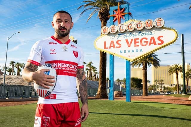 Hull KR captain Elliot Minchella seen at the ‘Welcome to Fabulous Las Vegas’ sign ahead of his side's clash with Leeds Rhinos at Allegiant Stadium on Saturday. Picture by Alex Whitehead/SWpix.com.