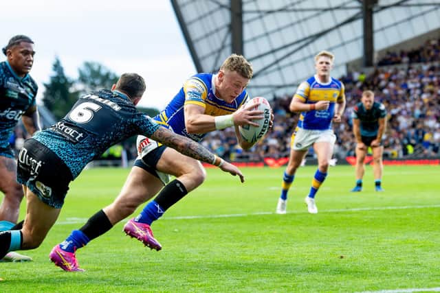 Harry Newman scores one of Leeds Rhinos' eight tries in their win over Leigh Leopards in June. Picture by Allan McKenzie/SWpix.com.