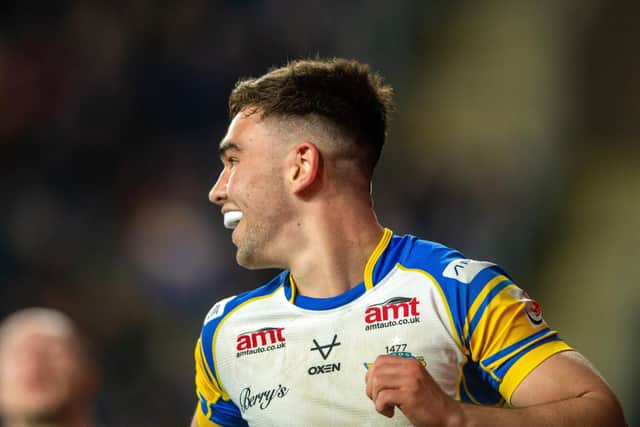 Jack Sinfield celebrates after scoring for Leeds Rhinos in their win over London Broncos. Picture by Bruce Rollinson.