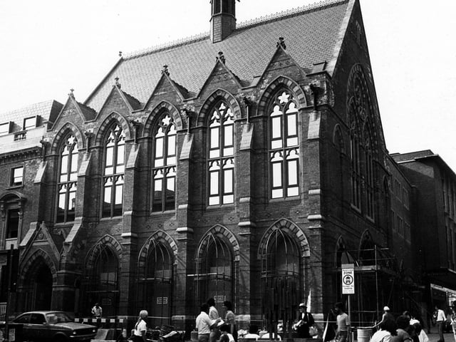 The Church Institute on Lands Lane and Albion Place. In the foreground is a fountain, it was part of the Lands Lane precinct scheme, an early move to provide traffic free shopping areas.