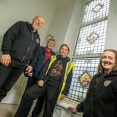 Left to right: Andrew Seddon (Stained Leaded Glass Company), historian Eveleigh Bradford, Denise McArdle (Pickard Properties) and Tamsin Seddon (Stained Leaded Glass Company)