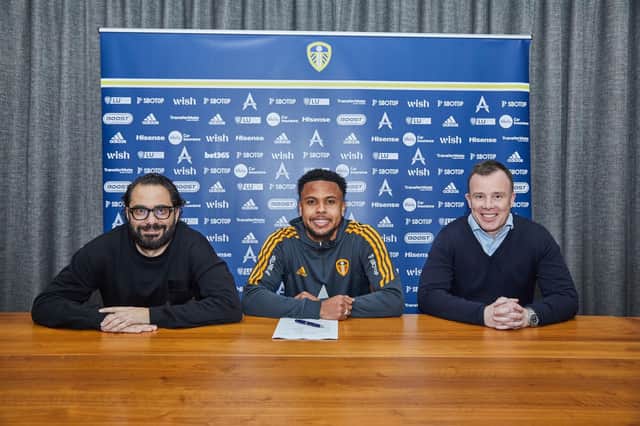 'READY': Leeds United's new recruit Weston McKennie, centre, with director of football Victor Orta, left, and chief executive Angus Kinnear, right. Picture by LUFC.
