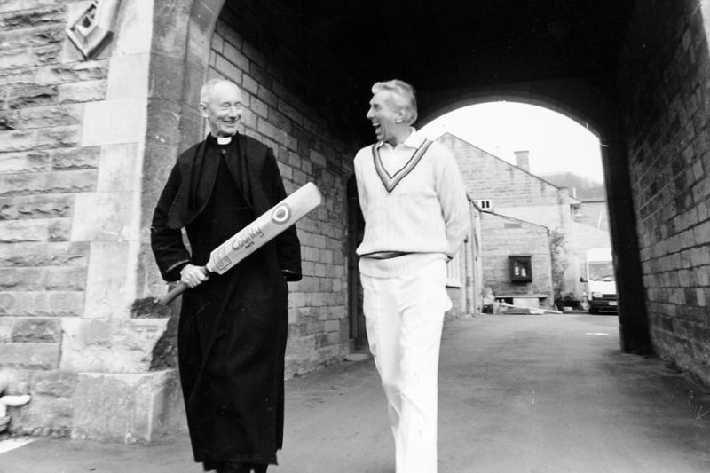 Don Wilson shares a joke with Father Simon Trafford as he steps out as sports director at Ampleforth College in the cloistered quietude of North Yorkshire in December 1990.