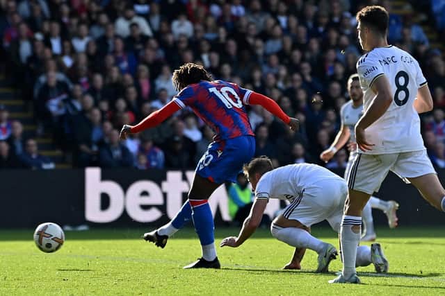 DEFEAT: Crystal Palace's Eberechi Eze fires home the winning goal to condemn Leeds United to a 2-1 loss at Selhurst Park. Photo by GLYN KIRK/AFP via Getty Images.