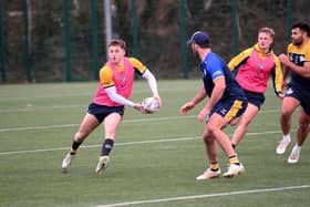 Corey Johnson, seen in training, is competing with fellow hookers Andy Ackers and Jarrod O'Connor for a place in Rhinos' 17 this year. Picture by Simon Hulme.