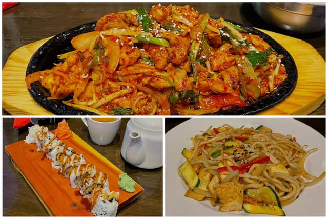 Chicken bulgogi (top), yasai tempura roll (bottom left) and yasai yaki udon (bottom right) from Yokohama, Roundhay Road.