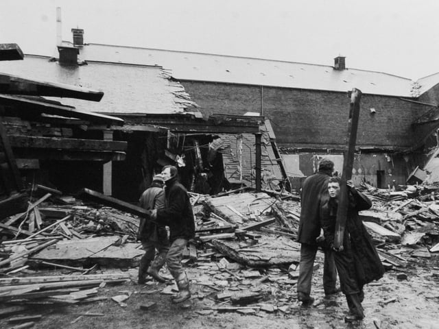 The end of an era. Workmen remove the remains of Meanwood's Capital Ballroom in January 1980.