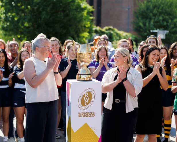 The new Women’s Rugby World Cup trophy being revealed at Battersea Power Station