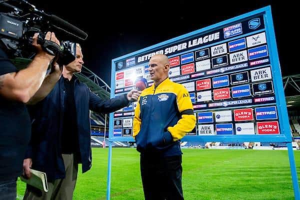 Brad Arthur is interviewed after his first win as Leeds Rhinos coach, at Huddersfield Giants last month. Picture by Allan McKenzie/SWpix.com.