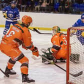 SHeffield Steeldogs v Leeds KnightsKnights Finley Bradon scores the first goal past net minder Brady Parker.Photograph by Tony Johnson.  31st December 2025.