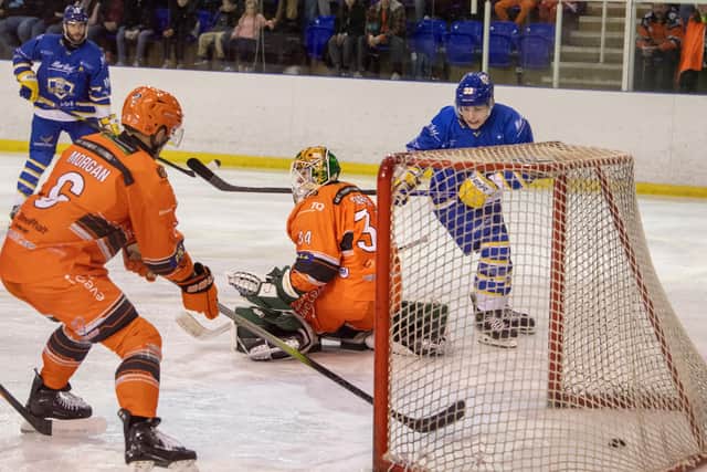SHeffield Steeldogs v Leeds KnightsKnights Finley Bradon scores the first goal past net minder Brady Parker.Photograph by Tony Johnson.  31st December 2025.