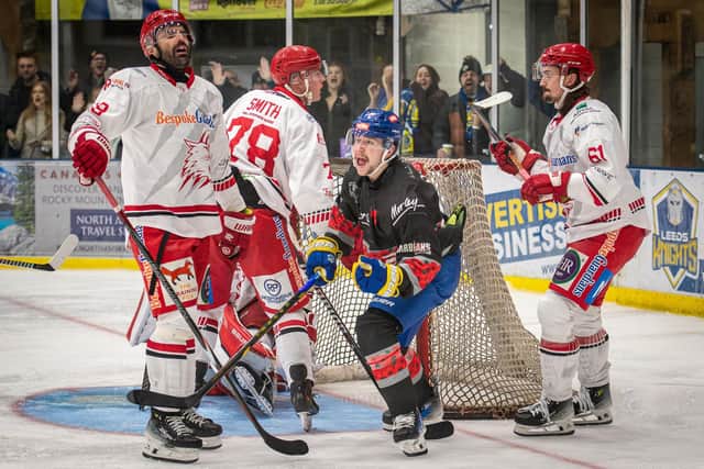 WE MEET AGAIN: Leeds Knights' captain Kieran Brown celebrates one of his four goals in November's 5-4 win over Swindon Wildcats. Picture: Ben Gordon/Knights Media.
