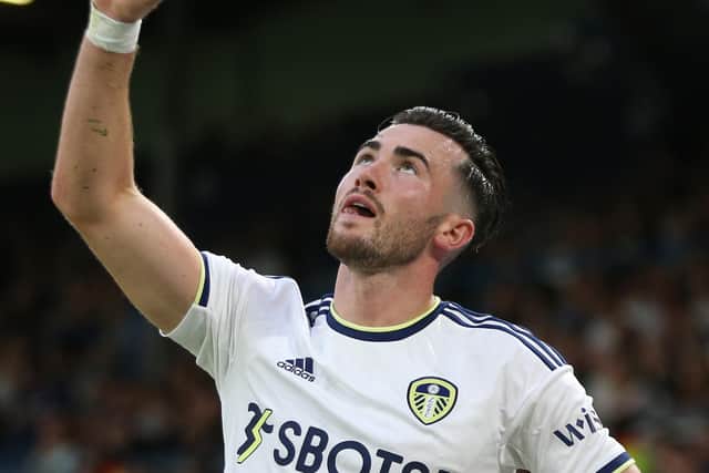 LEEDS, ENGLAND - JULY 31: Jack Harrison of Leeds United looks skywards during the Pre-Season friendly match between Leeds United and Cagliari at Elland Road on July 31, 2022 in Leeds, England. (Photo by Ashley Allen/Getty Images)