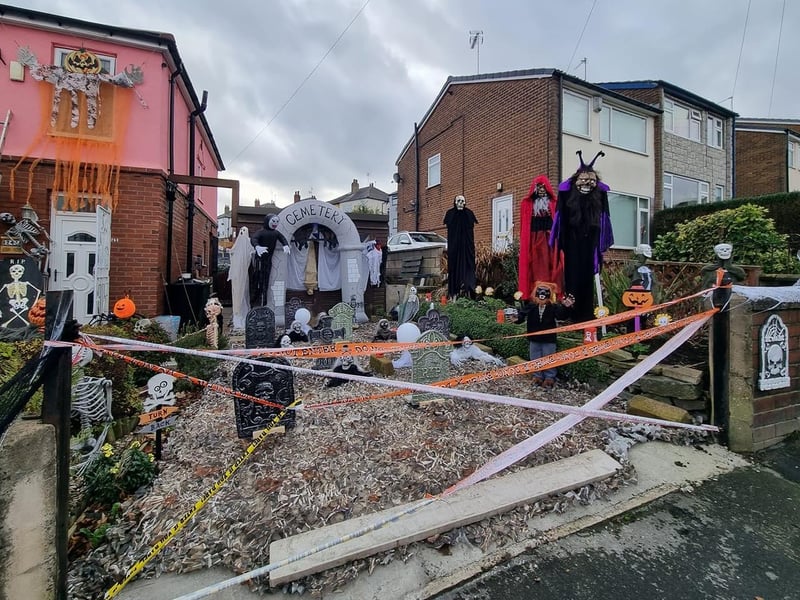 This jam packed garden is decorated like a cemetery with ghouls and ghosts. Shared by Heather Winter.
