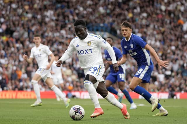 Leeds United's Wilfried Gnonto attempts a shot on goal during a Sky Bet Championship match at Elland Road (Pic: Robbie Stephenson/PA Wire)