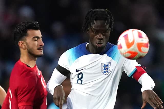 England's Darko Gyabi (right) during the UEFA U19 European Championship Elite Qualifying match at the Technique Stadium, Chesterfield (Pic: Mike Egerton/PA)
