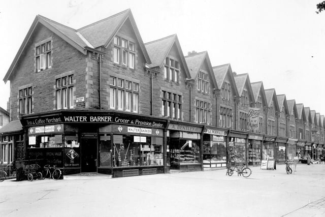 Street Lane in August 1935. On the left is the junction with Shaftesbury Avenue, no 39 Walter Barker grocers shop. Next no 41, Arthur Bentley junior has a bakers shop. George Edward Wormald has a butchers business at no 43. Then at No47 A flag advertising film is hanging from the wall. The shops continue until no 81 is reached at the junction with Sutherland Avenue.