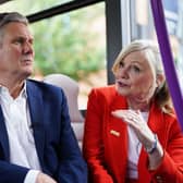 Labour Leader, Keir Starmer chats with Tracy Brabin, Mayor of West Yorkshire as they travel by bus. PIC: Ian Forsyth/Getty Images
