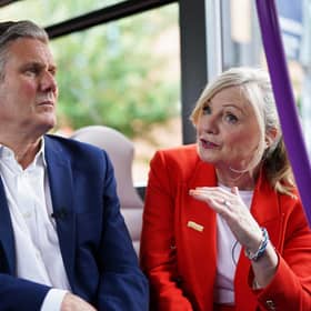 Labour Leader, Keir Starmer chats with Tracy Brabin, Mayor of West Yorkshire as they travel by bus. PIC: Ian Forsyth/Getty Images