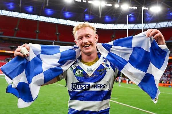 New Wakefield signing Lachlan Walmsley celebrates after Halifax's Wembley win over Batley in the 1895 Cup final three months ago. Picture by Will Palmer/SWpix.com.