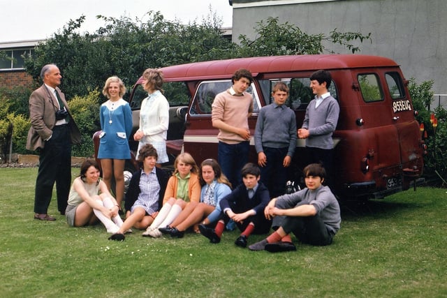 The headteacher Mr. F.E. Horsenail, with some of his pupils in front of the first minibus owned by the school in June 1971.