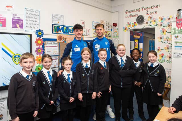 BACK TO SCHOOL - Archie Gray and Joe Rodon of Leeds United visited Our Lady of Good Counsel Primary in Seacroft to talk about anti-bullying and cyber-bullying. Pic: LUFC/Luke Holroyd