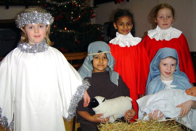The Nativity was performed for parents by Rose Court pupils, the pre-preparatory department of Leeds Girls' High School in December 2005. Pictured is Emily Johnson (Mary), Jenna Patel (Joseph), Eve McArthur (Gabriel) and Georgina Jackson Steele (choir) and Simonica Kaur (choir).