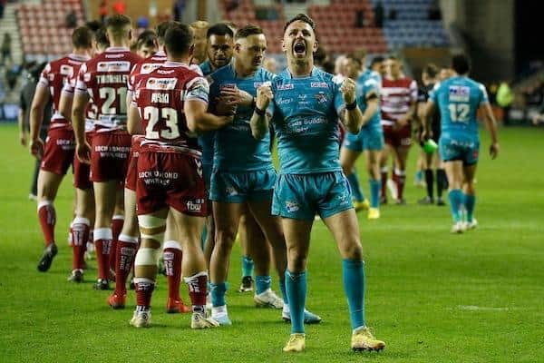 Rhinos full-back Richie Myler celebrates last week's win at Wigan. Picture by Ed Sykes/SWpix.com.