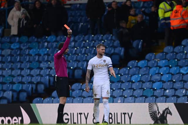 OFF: Leeds United captain Liam Cooper, shown a straight red for his lunge on Millwall's George Saville in the 4-3 Championship defeat to the Lions of January 2018. Photo by Nathan Stirk/Getty Images.