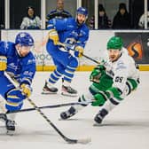 'FAMILIAR SURROUNDINGS: Owen Sobchak (left) contributed a goal and two assists on his Leeds Knights' debut in the 4-1 win against Basingstoke Bison last Sunday, fulfilling his aim of playing for Leeds, where his mother was born. Picture: Rob Halls/Knights Media.