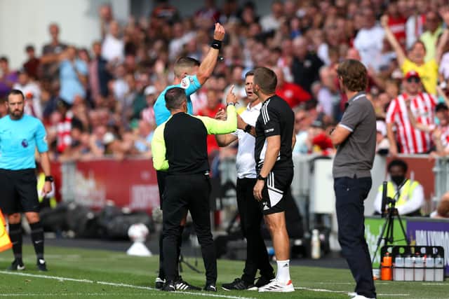 RED CARD - Leeds United boss Jesse Marsch was dismissed by referee Robert Jones as the Whites lost 5-2 at Brentford. Pic: Getty