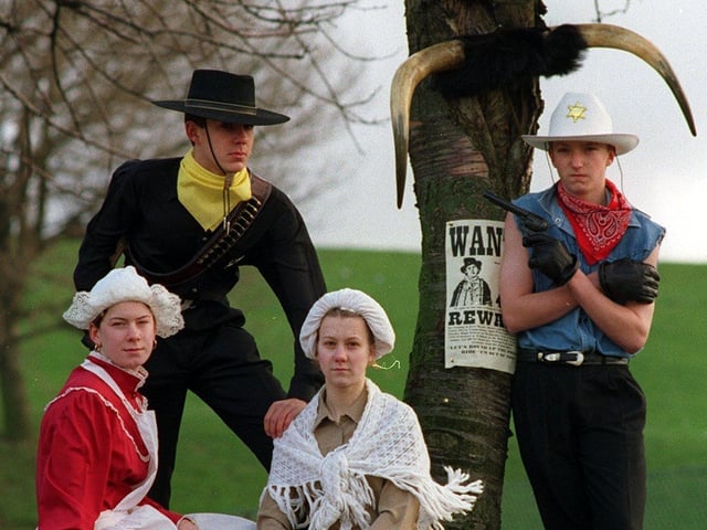 Wortley High School pupils rehearsing for a Cowboy theme review in February 1998. Pictured, from left, are Jemma Jackson, Sam Thornton, Sarah Goodyear and Alan Hudson,