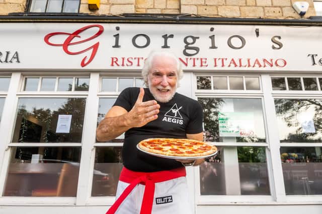 George Psarias, 75, the owner of Giorgio's Ristorante Italiano, in Headingley, Leeds, has at the grand age of 75 taken up karate. Photo: James Hardisty.