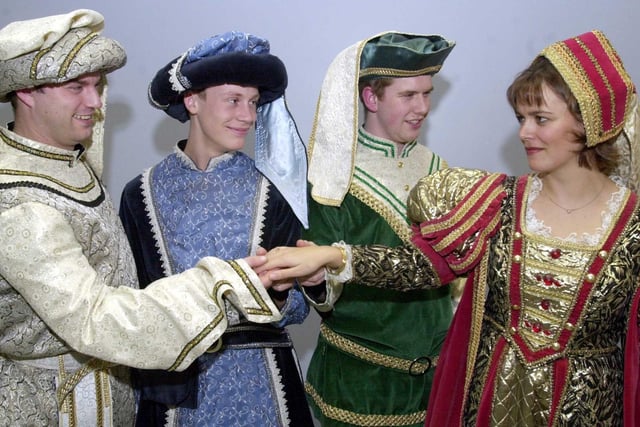 Yeadon Amateur Operatic Society were prepating to stage Kiss Me Kate at Yeadon Town Hall in March 2002. Pictured are Samantha Ball who plays Bianca with her three suitors, from left, Giles Atkinson, Ted Oxley and Chris Bentley.