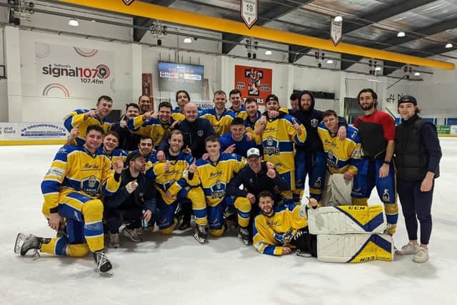 CHAMPIONS: Leeds Knights players celebrate winning the NIHL National regular season league championship.