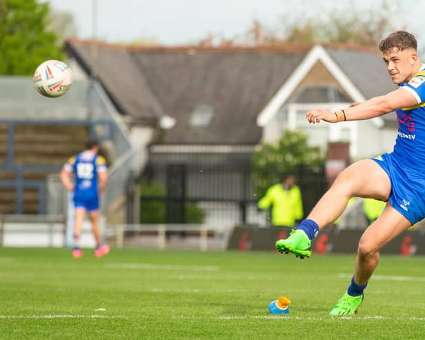 Jack Smith lands a conversion for Rhinos under-18s in their win over Castleford. Picture by Craig Hawkhead/Leeds Rhinos.