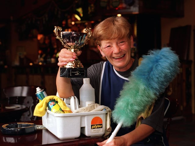 This is Barbara Rowley who won a cleaning award for the work she has done at The Manston Hotel in Cross Gates in August 1997.