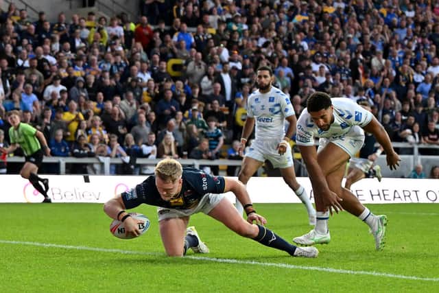 James McDonnell scores for Leeds Rhinos against Toulouse Olympique in July. Picture by Matthew Merrick/SWpix.com.