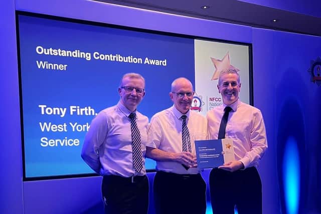 Tony Firth receiving the Outstanding Contribution Award at the National Fire Chiefs Council’s Celebrating Prevention Awards 2022. Photo: WYFRS