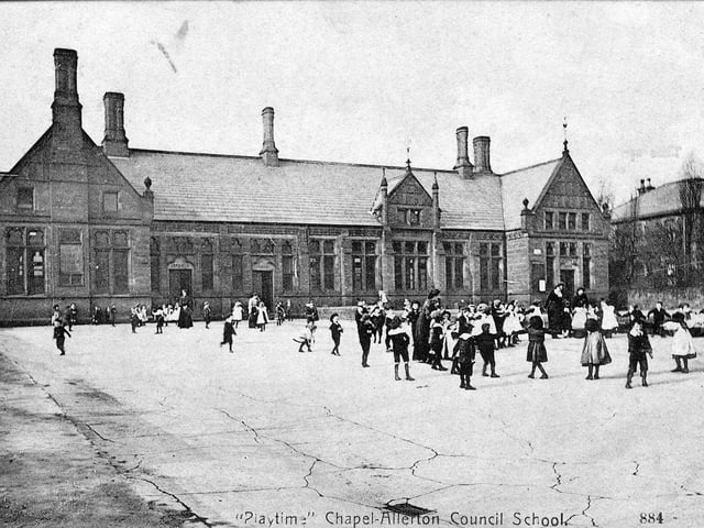 A postcard with a postmark of April 22, 1905 showing playtime at Chapel Allerton Council School. Pupils are playing here in the large playground at the front of the school, many of them gathered in a circle for activities with three members of staff.