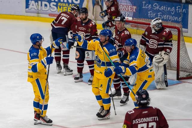 SOLID START: Grant Cooper celebrates a goal with his Leeds Knights team-mates. Picture courtesy of Oliver Portamento.