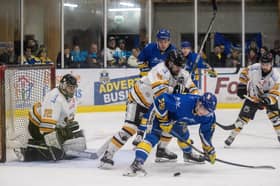 FAMILIAR FACES: Leeds Knights' Noah McMullin battles with Hull Seahawks' Declan Balmer during the second leg of the NIHL National Cup semi-final at Leeds. Picture: Bruce Rollinson