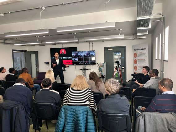 Pol Donald Nkana Nkana addressing his ‘A Cup of Confidence’ workshop at Leeds Media Centre earlier this year