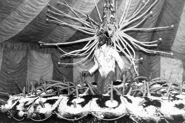 The Carnival Queen chosen for 1986 at the Leeds West Indian Carnival. She is Lisa Condor and her elaborate costume of a sea anemone was designed by her brother, Hubon Condor.