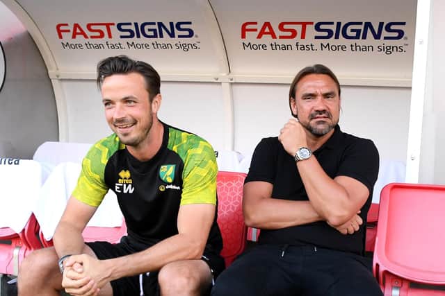 CRAWLEY, ENGLAND - AUGUST 27: Daniel Farke, Manager of Norwich City and Ed Wootten, Goalkeeping Coach look on prior to the Carabao Cup Second Round match between Crawley Town and Norwich City at The People's Pension Stadium on August 27, 2019 in Crawley, England. (Photo by Mike Hewitt/Getty Images)