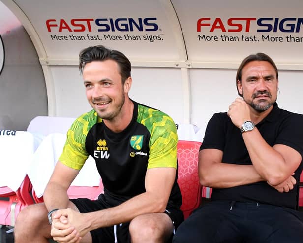CRAWLEY, ENGLAND - AUGUST 27: Daniel Farke, Manager of Norwich City and Ed Wootten, Goalkeeping Coach look on prior to the Carabao Cup Second Round match between Crawley Town and Norwich City at The People's Pension Stadium on August 27, 2019 in Crawley, England. (Photo by Mike Hewitt/Getty Images)