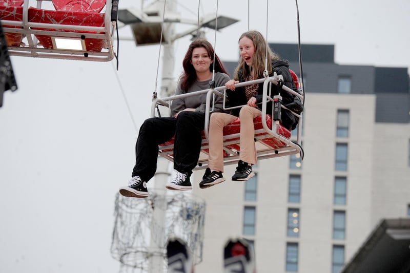 Ellie Spencer, 14 and Amy Hanson 12, pictured on the Wheel of Light in Leeds city centre.