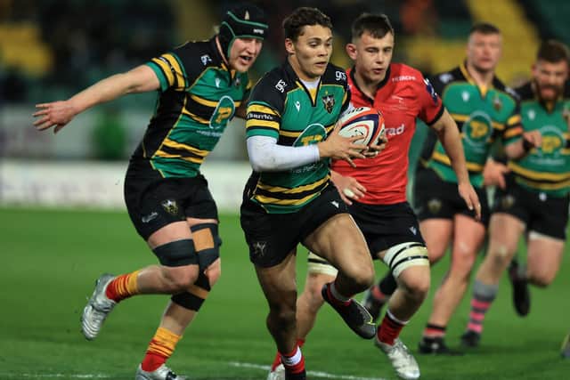 Josh Gillespie (with ball) in Premiership Rugby Cup action for Northampton Saints against Newcastle Falcons at Franklin's Gardens on March 30, 2022. Picture by  David Rogers/Getty Images.